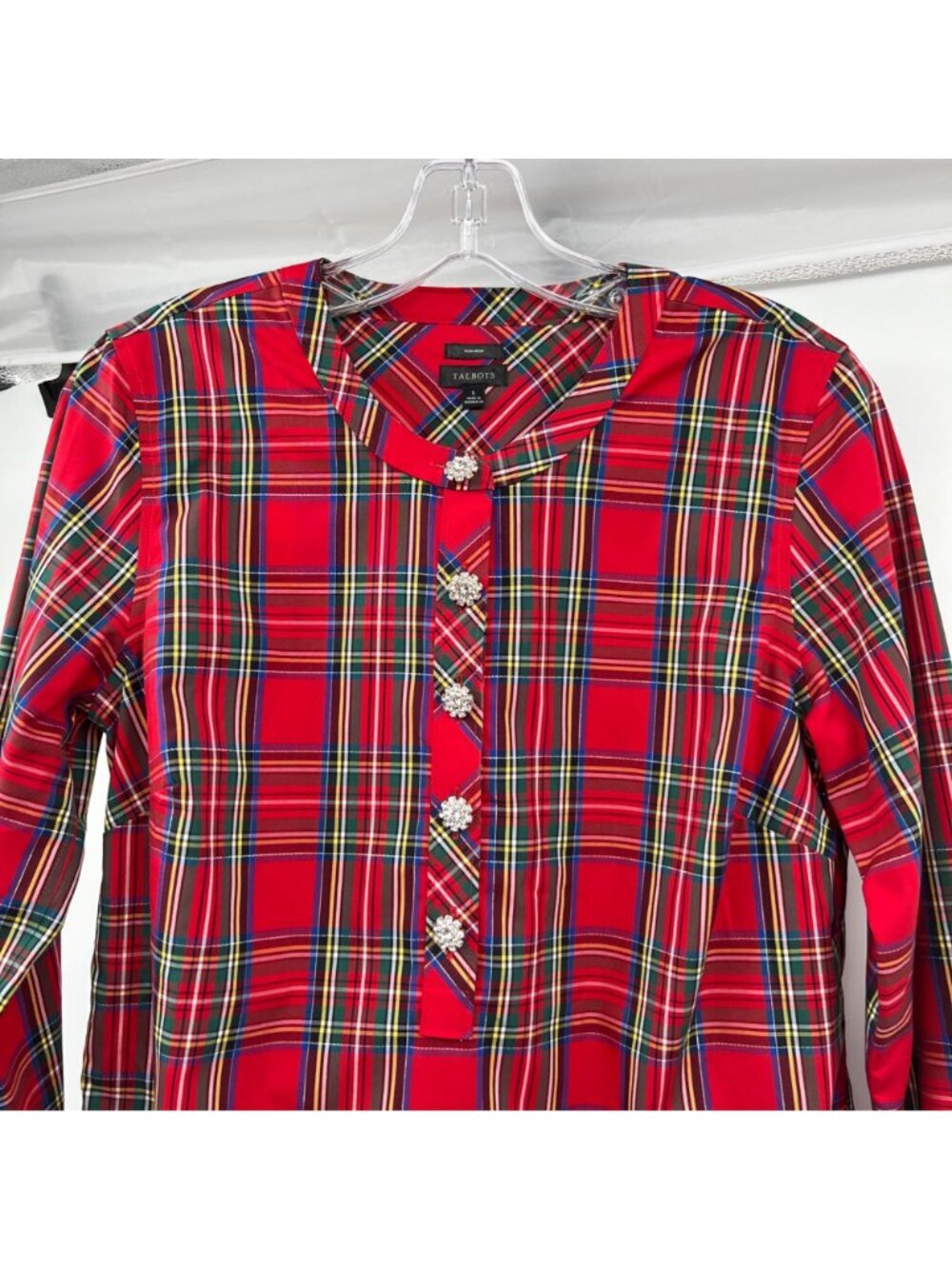 Talbots Plaid Popover Top Long Sleeve Rhinestone Buttons Red/Multi Small - Picture 2 of 9